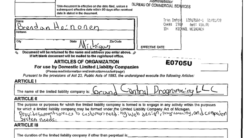 Excerpt from Brendan's LLC filing as a child